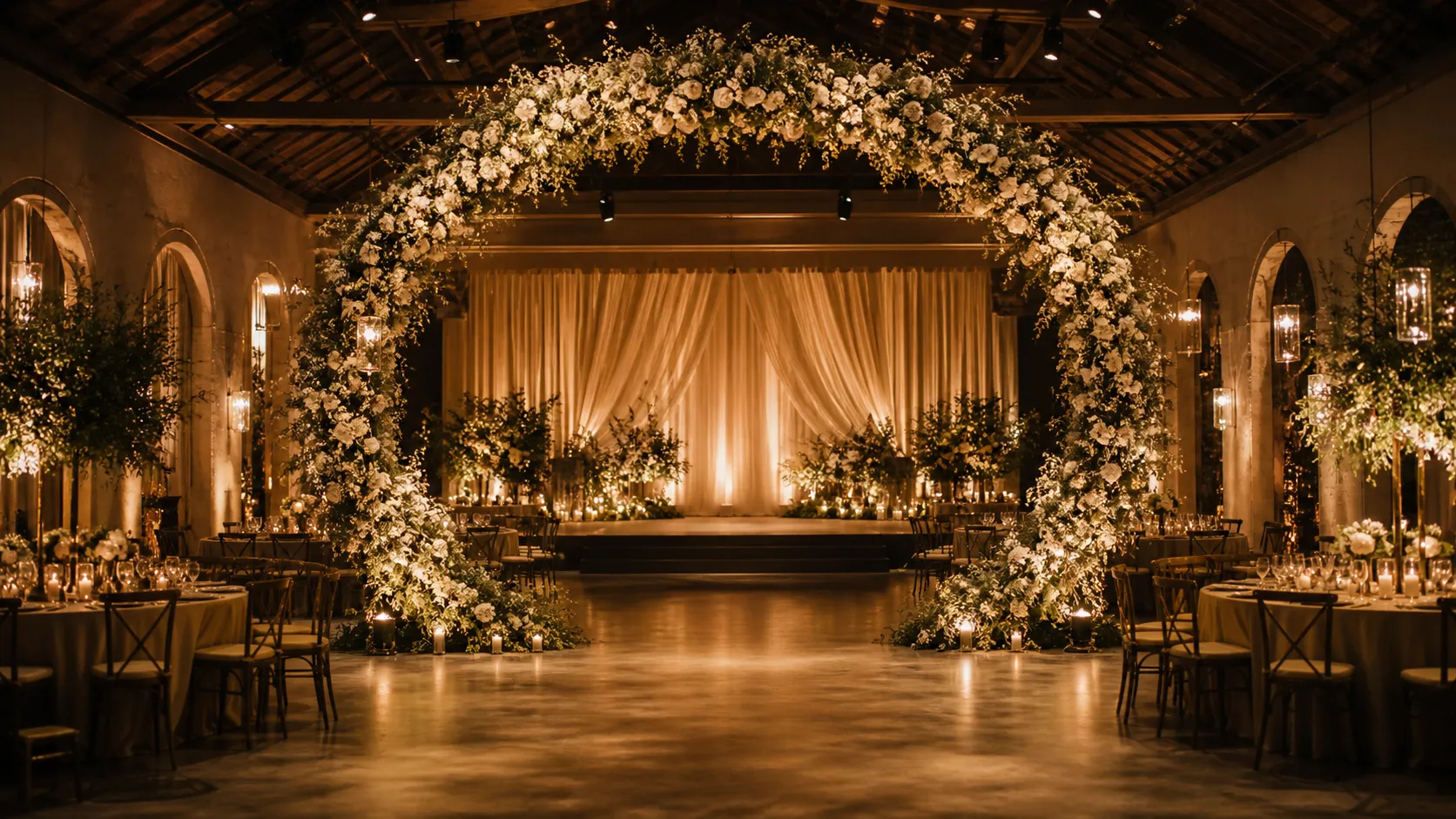 Imagem editorial complementar de um espaço de eventos com arco floral.