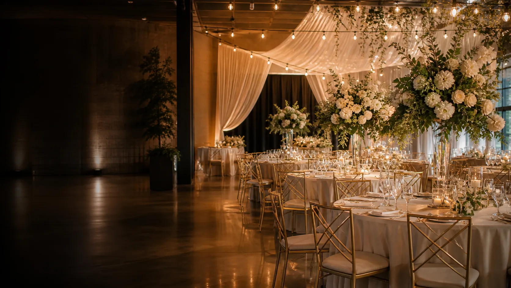 Imagem editorial complementar de um ambiente de eventos decorado.