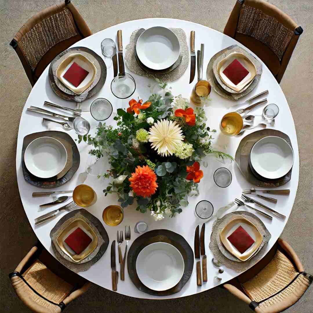 Mesa decorada com flores e louças.